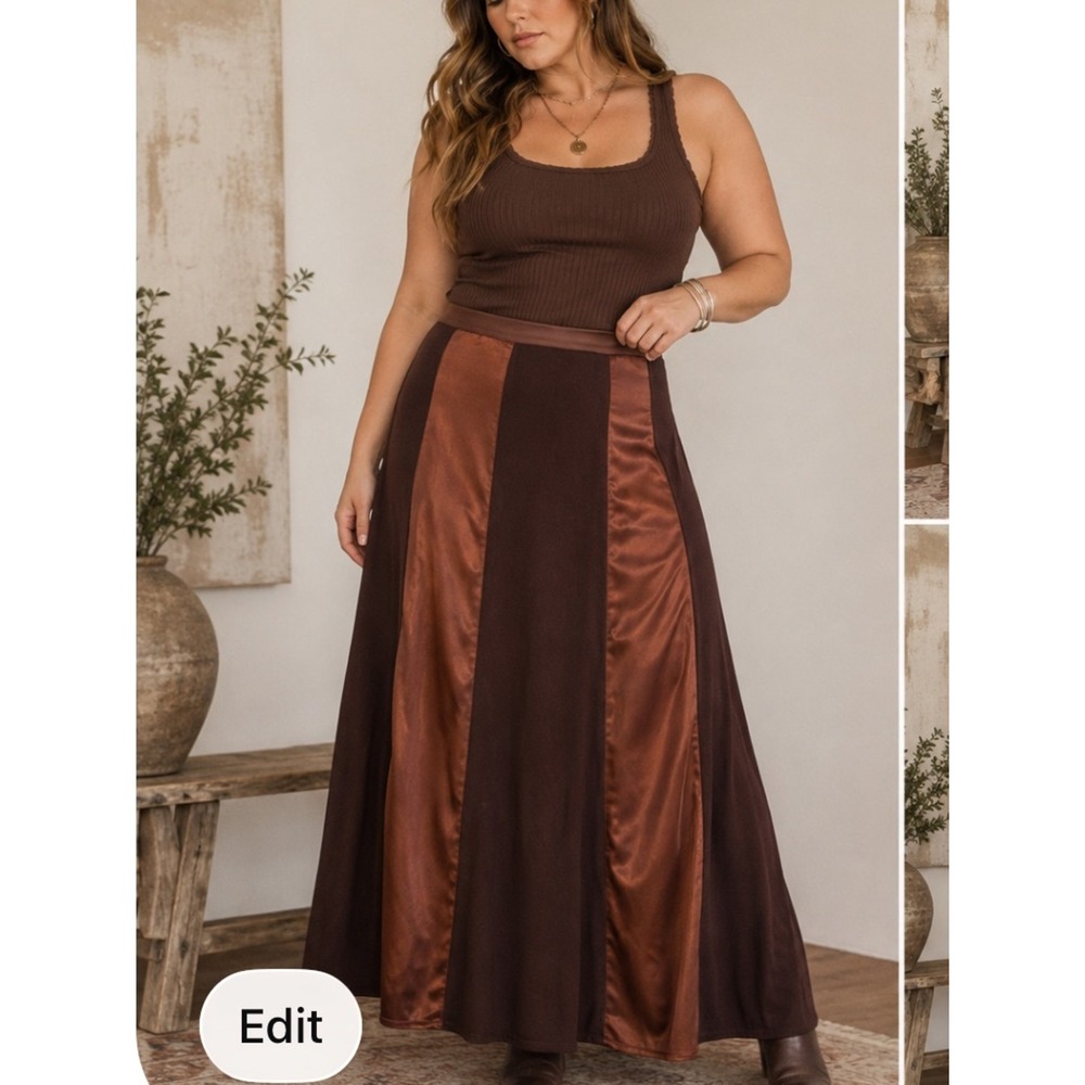 Peace Love World Women Paneled Brown A-Line Satin Maxi Skirt XL Boho Earthy Indi